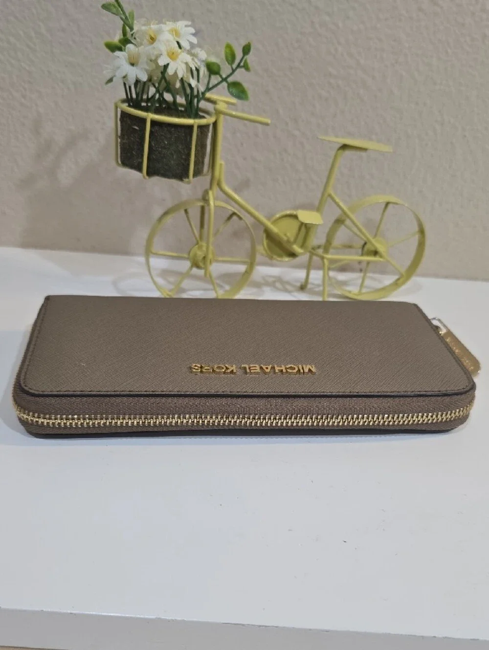 Michael Kors Taupe Saffiano Zip Wallet with Gold Hardware
